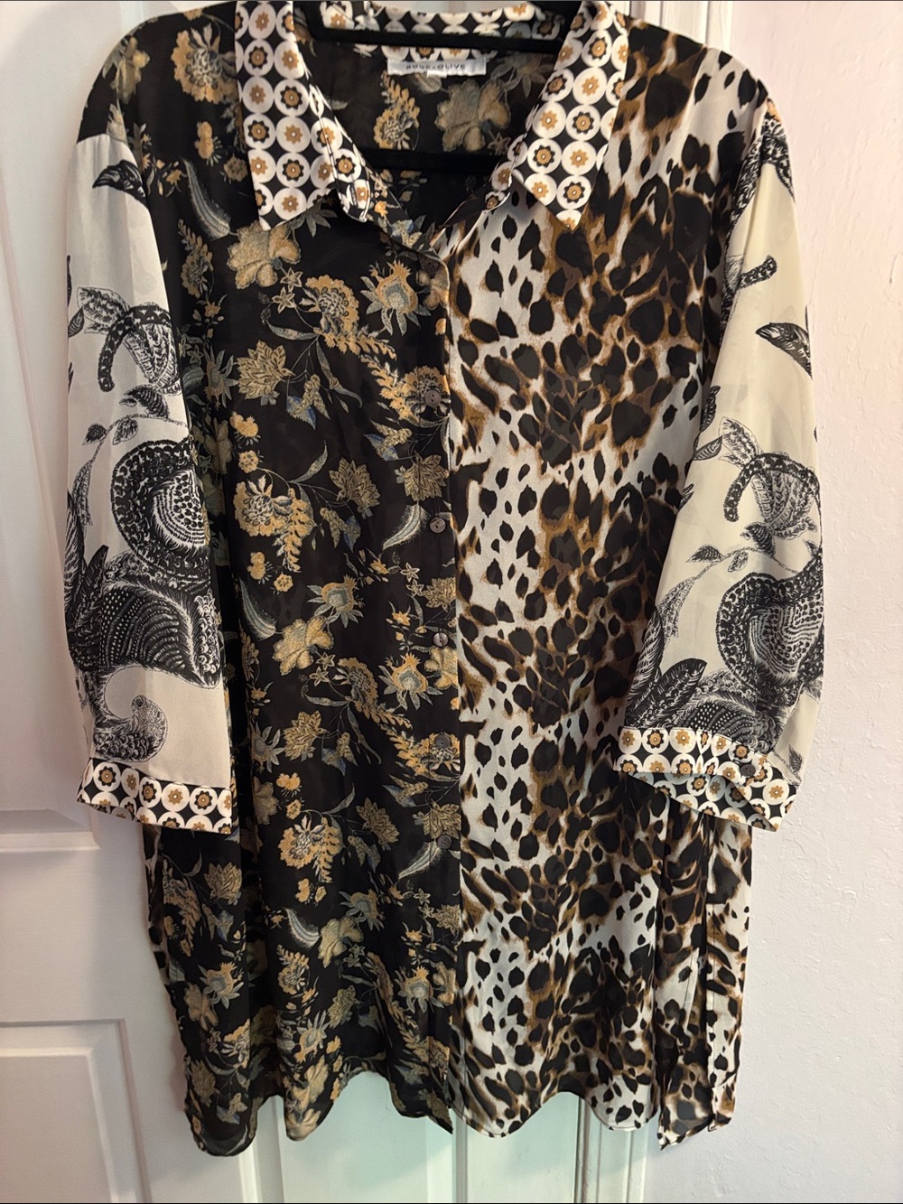 Rose & Olive Mixed-Print Button-Front Dress in Black, Brown & Cream
